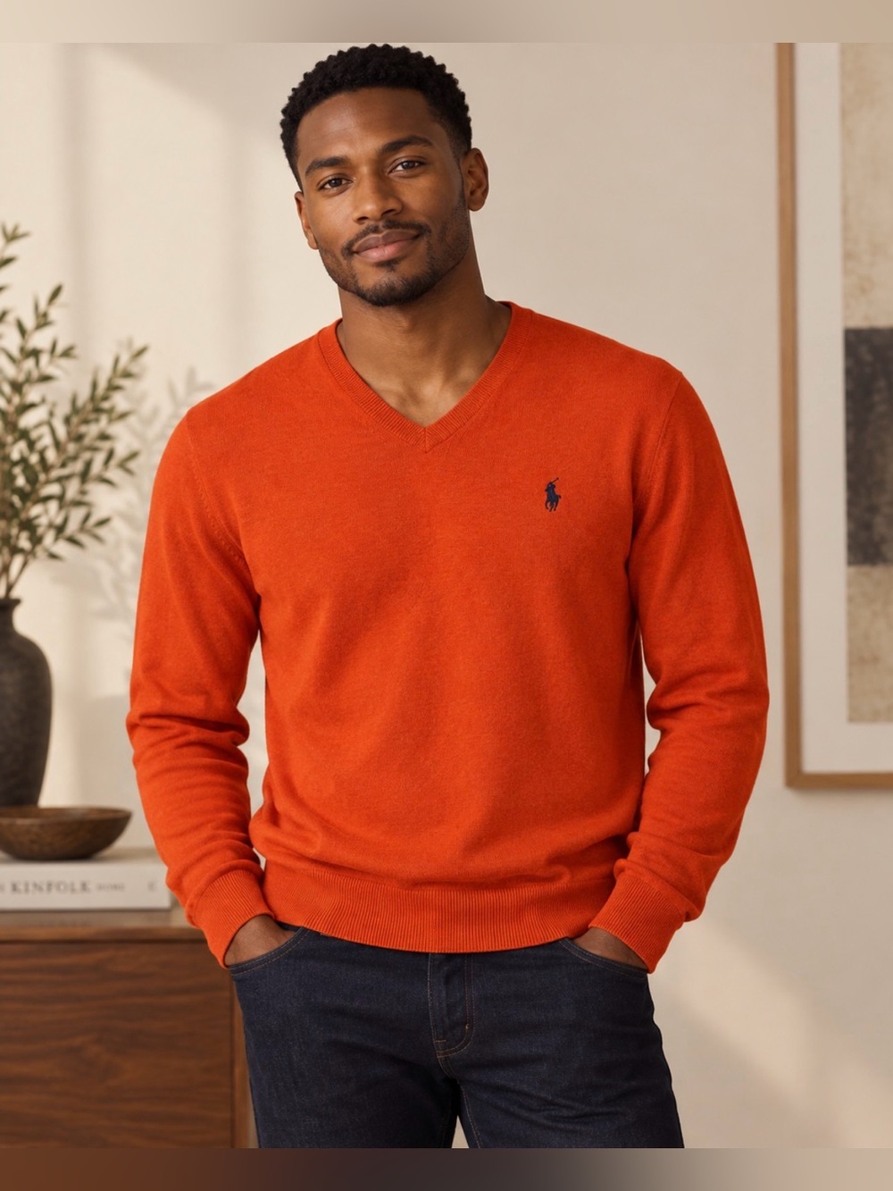 Ralph Lauren Men's Bright Orange V-Neck Sweater with Navy Pony
